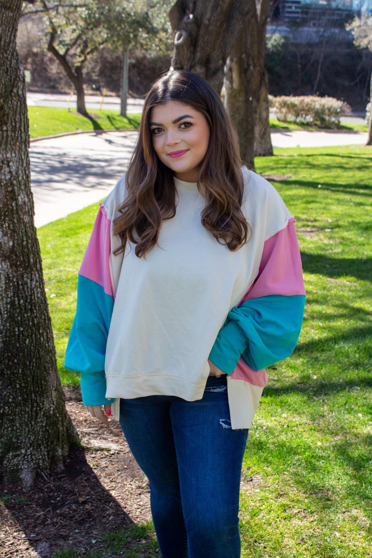 High Low Hues color block sweater