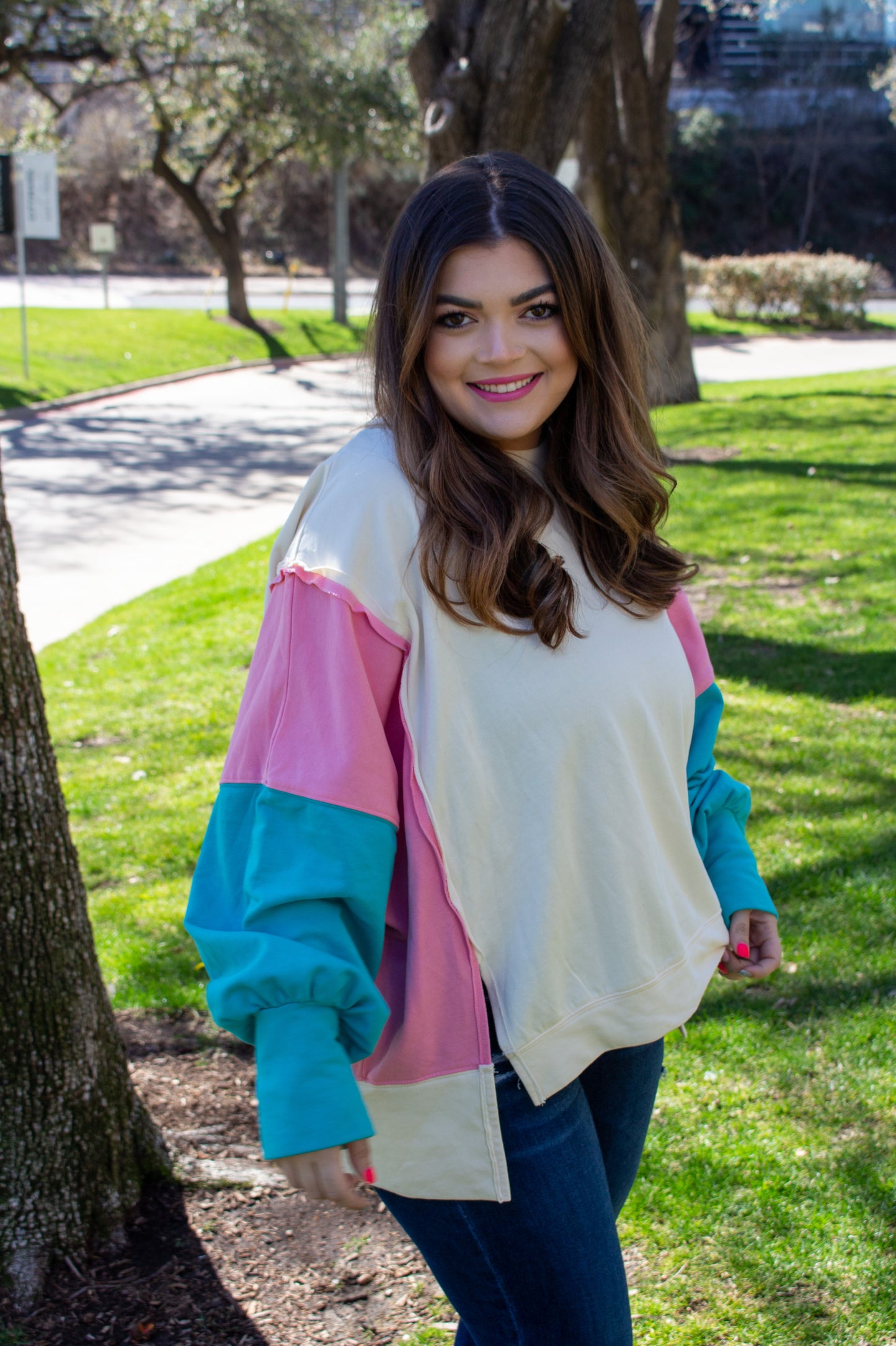 High Low Hues color block sweater